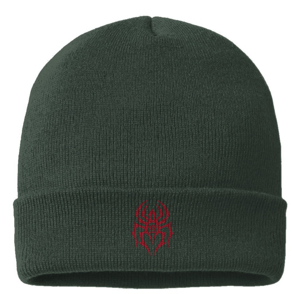 Black Spider Cuffed Beanie w/logo (Forest Green)