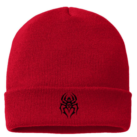 Black Spider Cuffed Beanie w/logo (Red)
